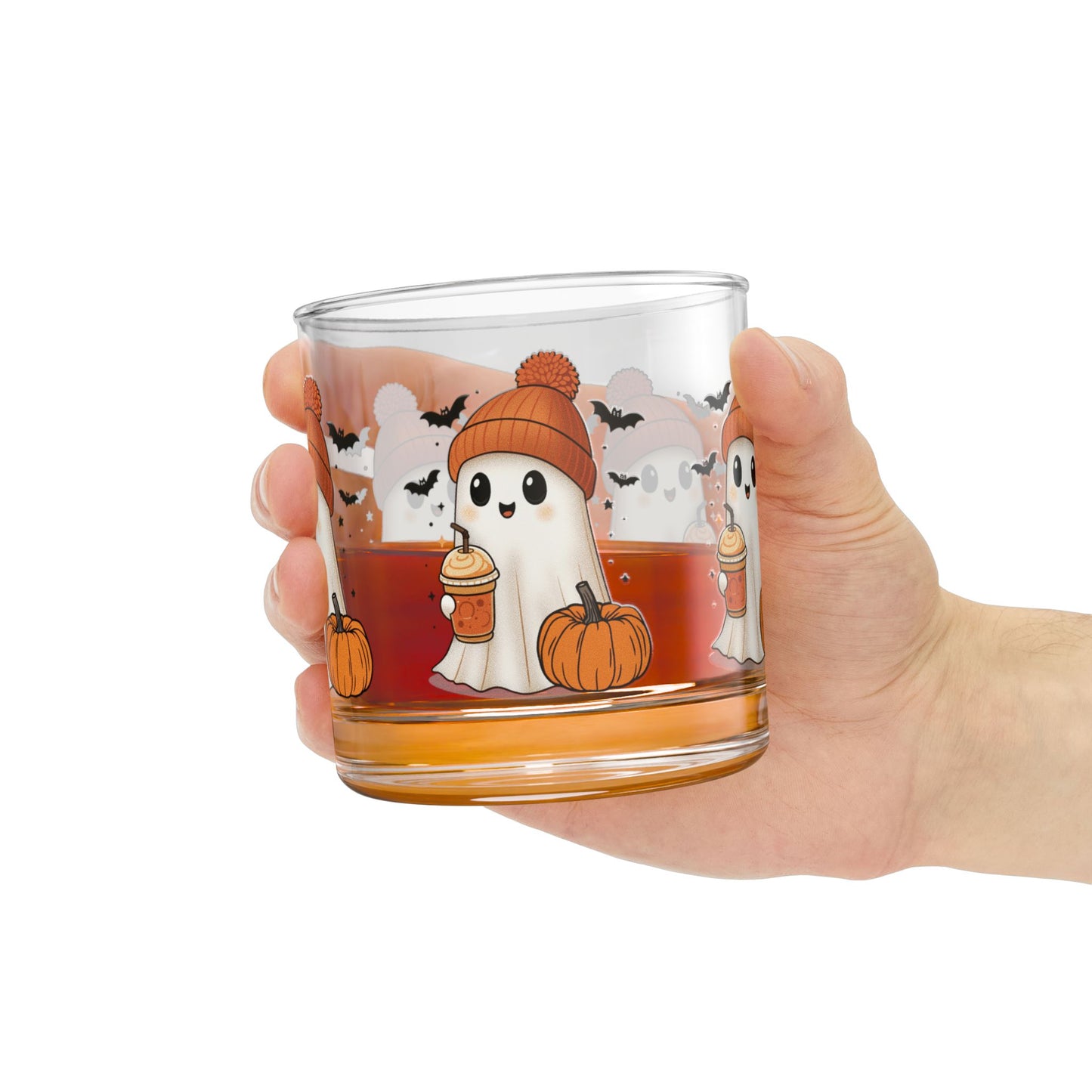 Halloween Rocks Glass – Cute Ghost, Pumpkin & Coffee Design (10oz)