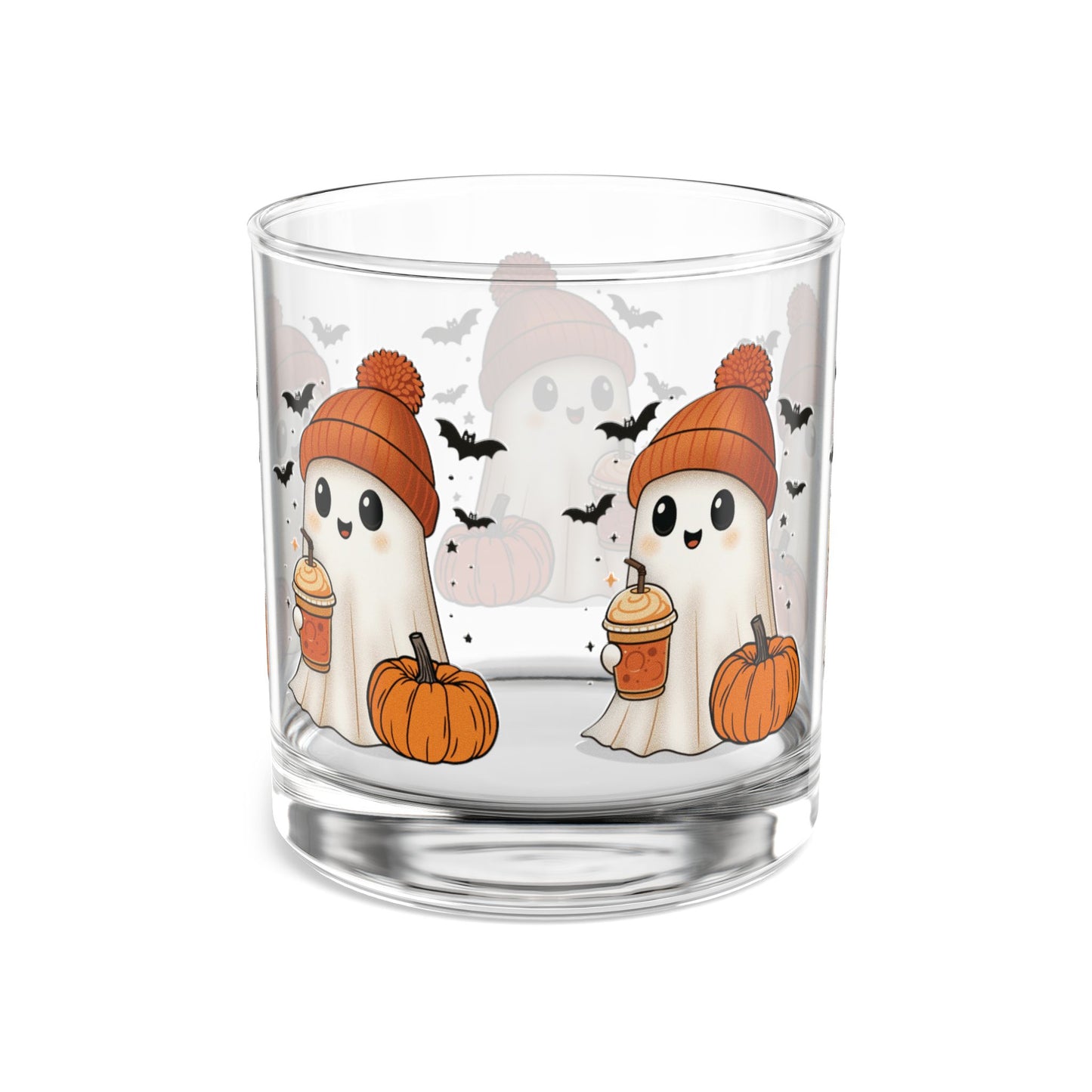 Halloween Rocks Glass – Cute Ghost, Pumpkin & Coffee Design (10oz)