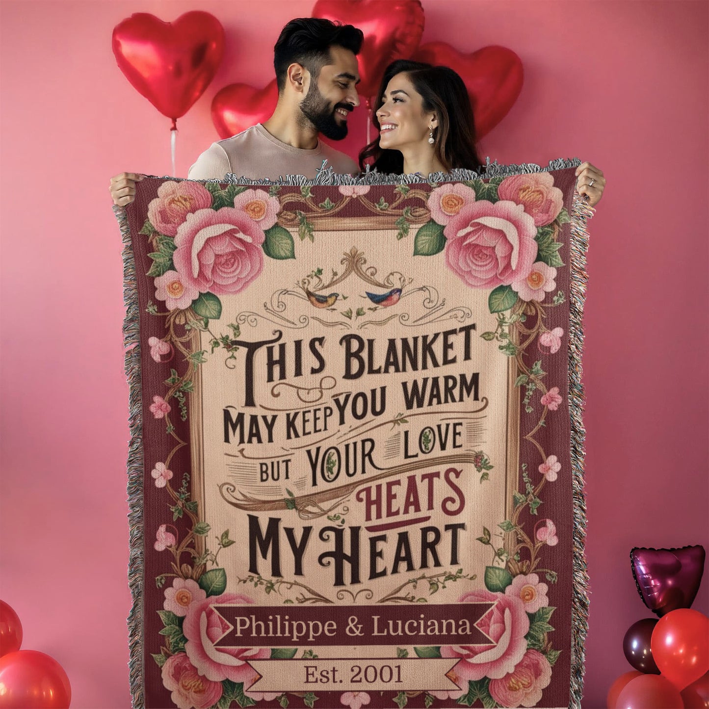 Custom Woven Love Blanket – Personalized Couple’s Name & Year, Romantic Gift for Engagement, Wedding or Anniversary.