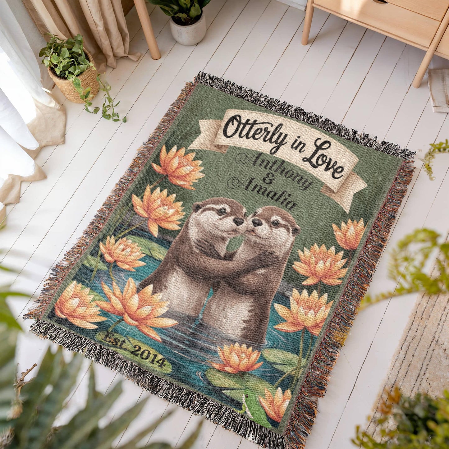 Otterly in Love Personalized Woven Blanket – Custom Couple Names, Engagement, Wedding & Anniversary Gift – Otter Lovers Throw Blanket
