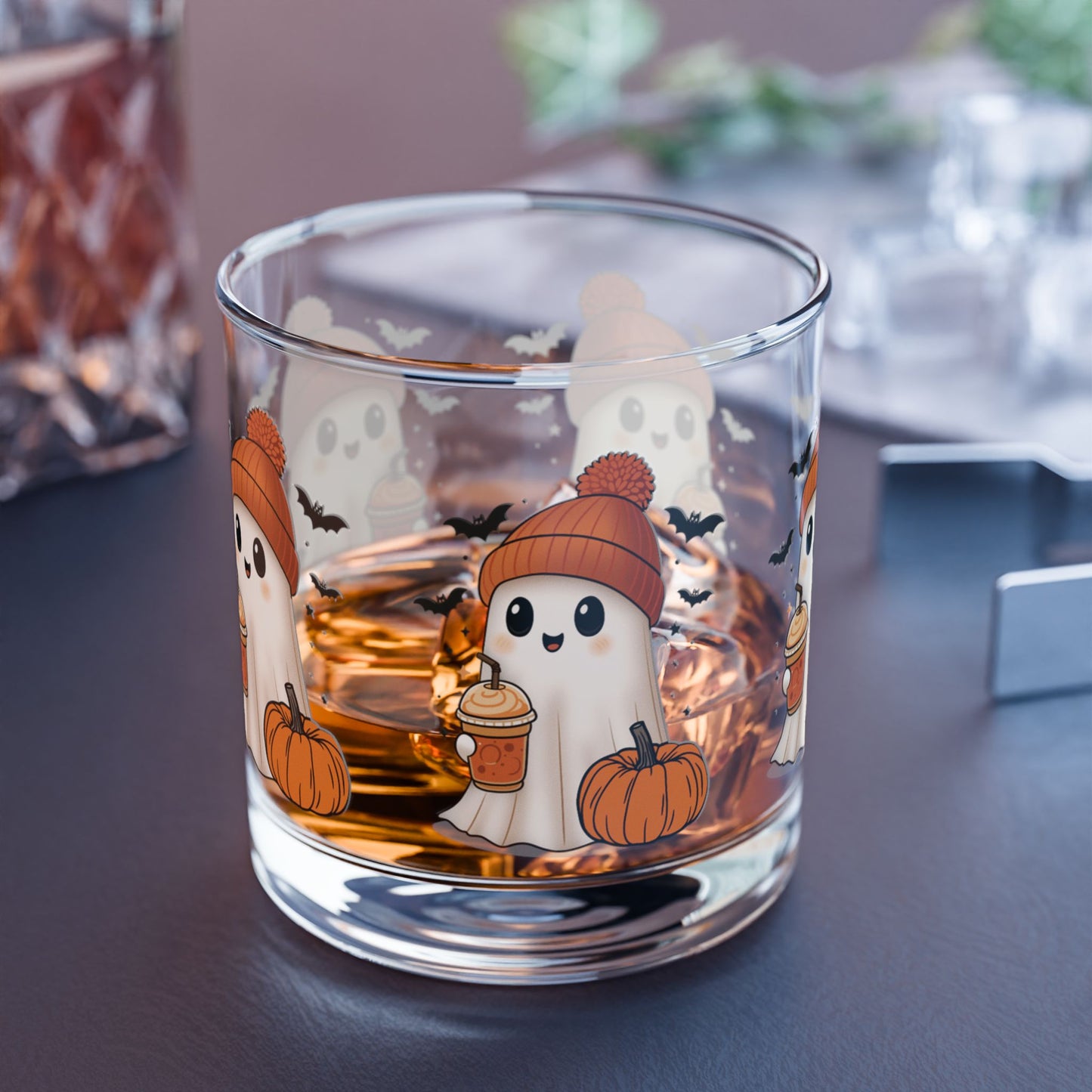 Halloween Rocks Glass – Cute Ghost, Pumpkin & Coffee Design (10oz)