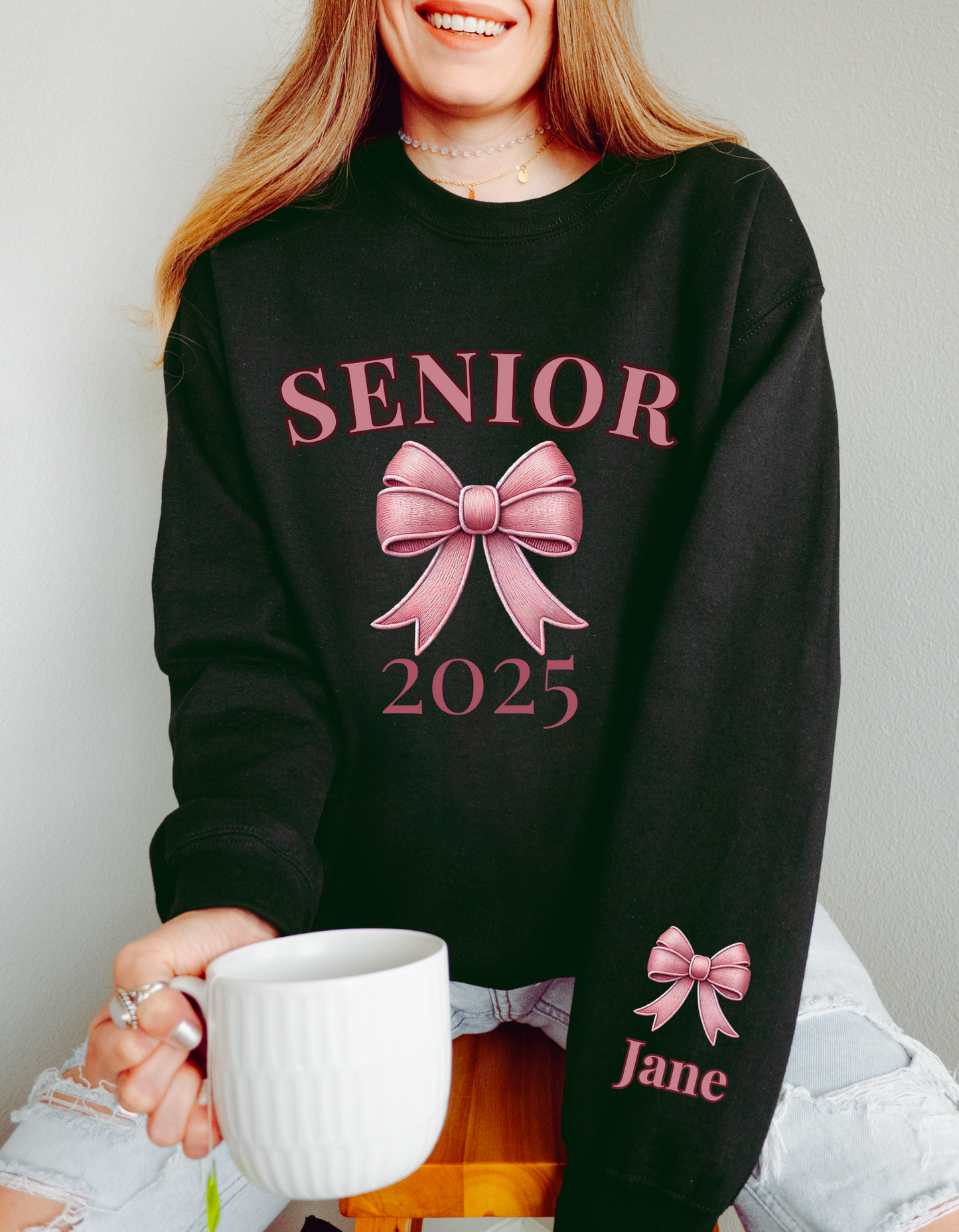 Personalized Name on Sleeve Senior Bow Sweatshirt, Graduation 2025 gift