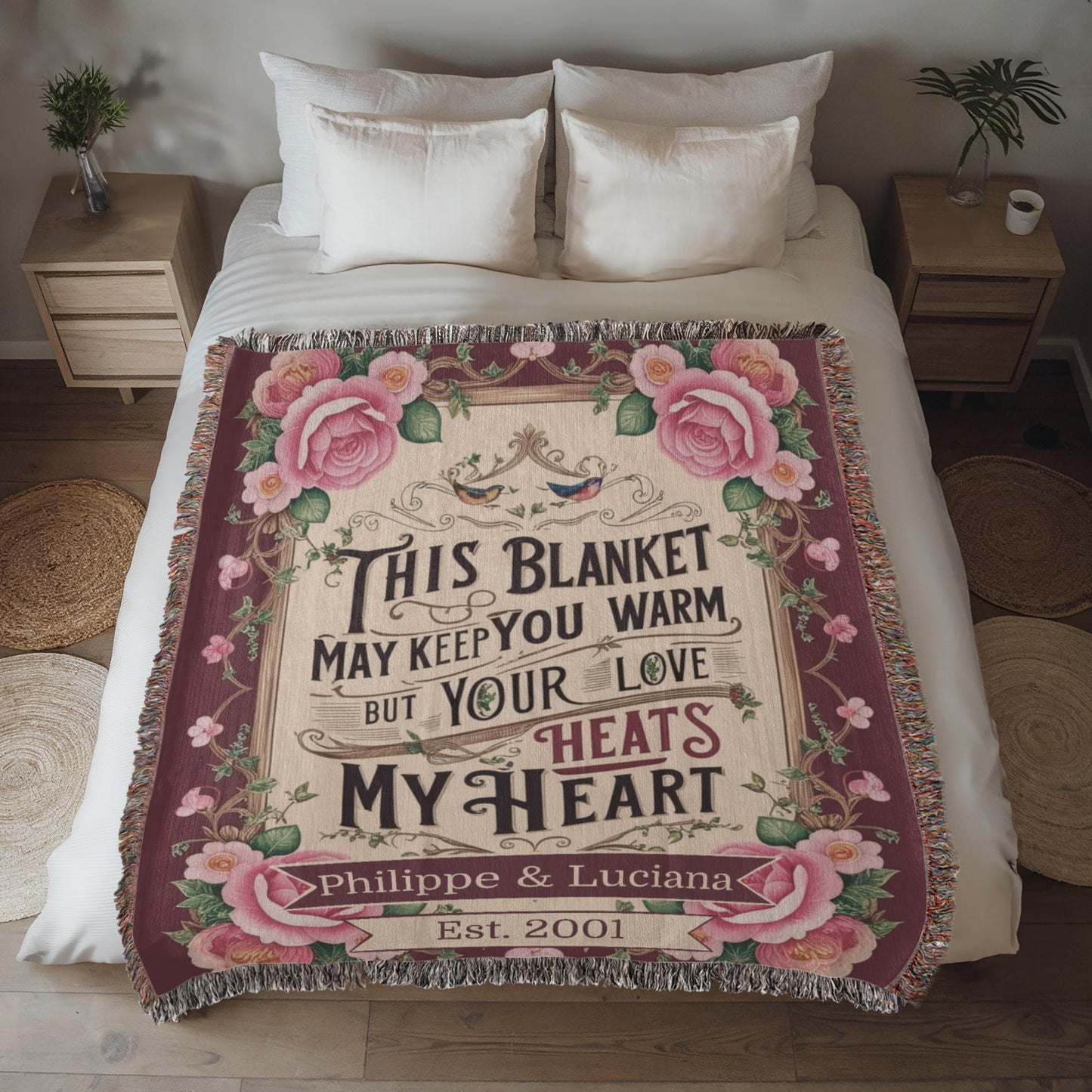 Custom Woven Love Blanket – Personalized Couple’s Name & Year, Romantic Gift for Engagement, Wedding or Anniversary.