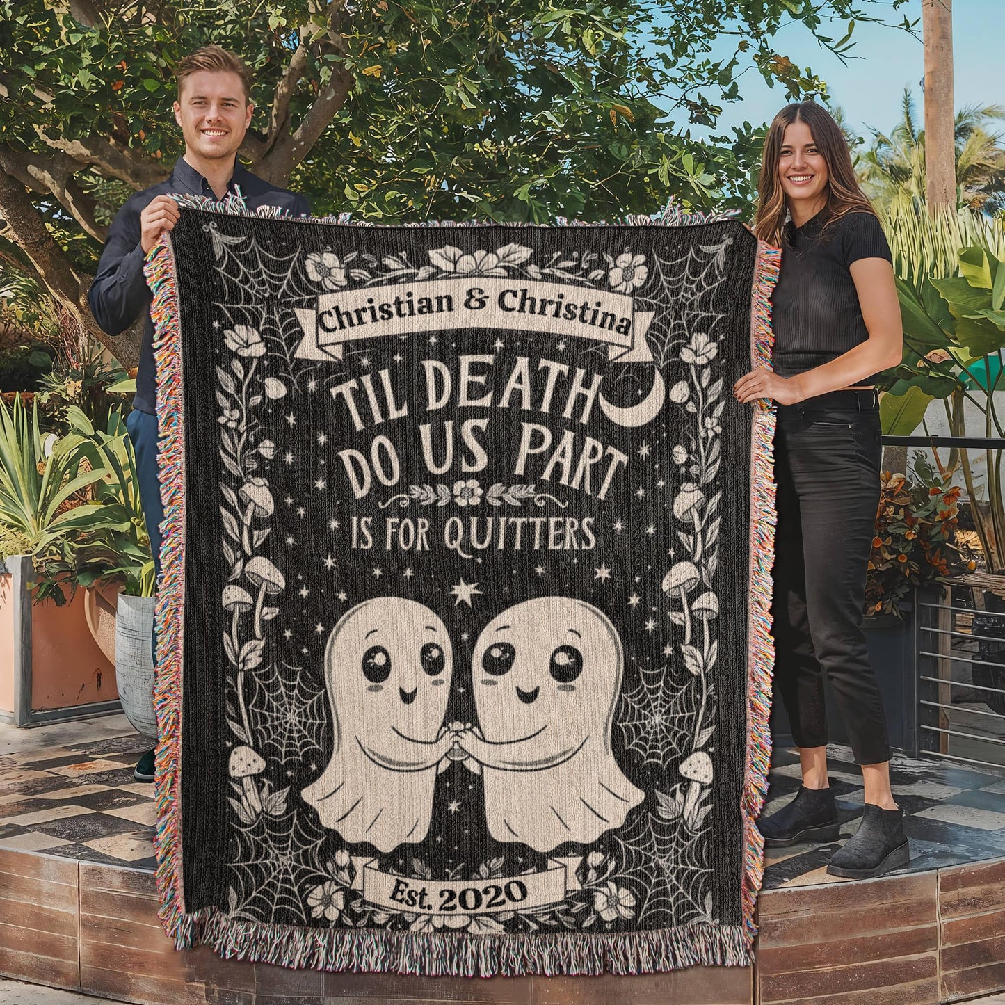 Personalized ‘Til Death Do Us Part’ Ghost Heirloom Woven Blanket | Custom Couple Gift