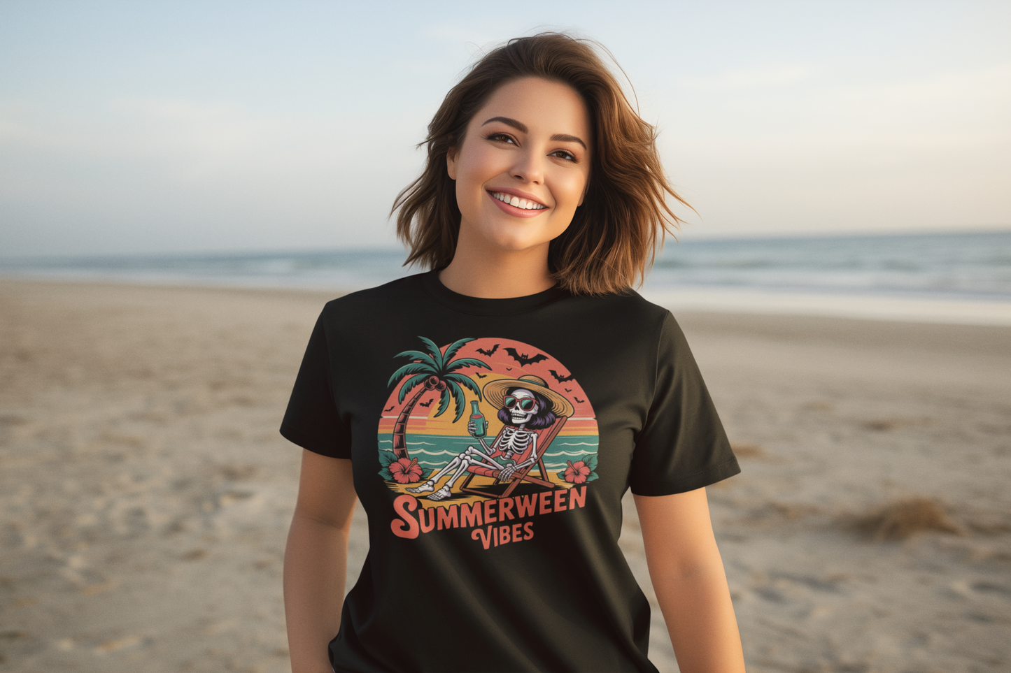 Summerween Vibes Skeleton T-Shirt – Funny Halloween Beach Shirt, Spooky Summer Graphic Tee for Women