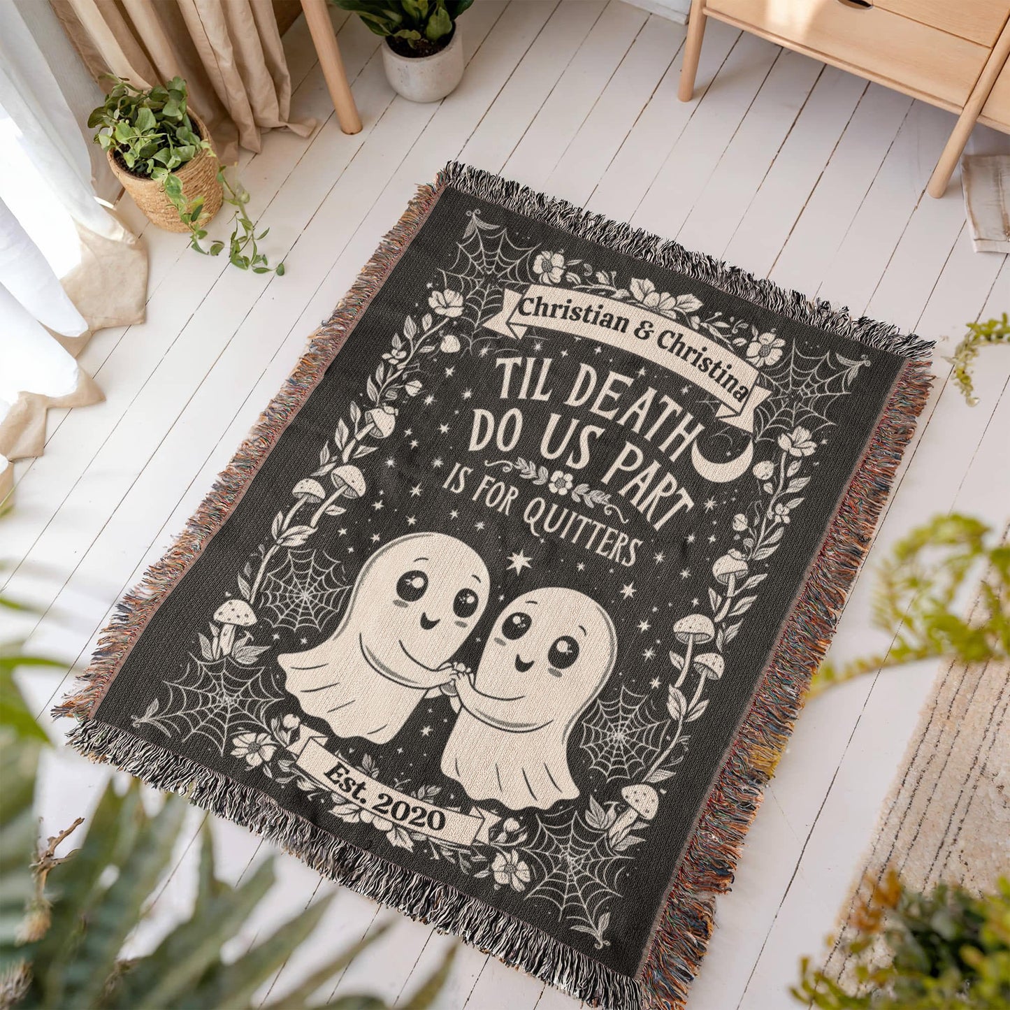 Personalized ‘Til Death Do Us Part’ Ghost Heirloom Woven Blanket | Custom Couple Gift
