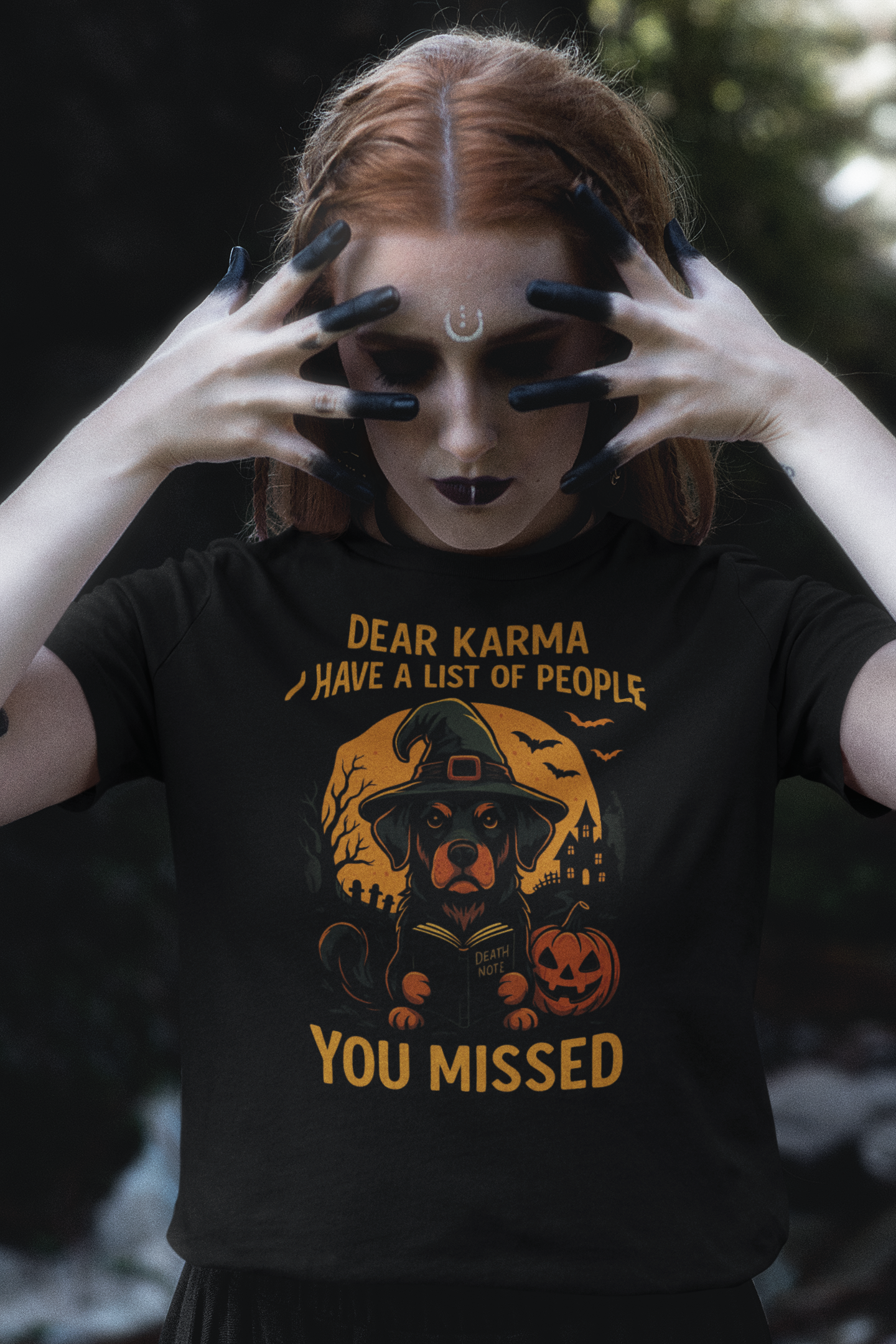 Funny Witch Dog Halloween T-Shirt – Dear Karma I Have a List of People You Missed – Spooky Fall Tee for Dog Lovers