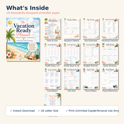 Vacation Ready Planner | Printable Travel Planner | Packing Checklist | Instant Download