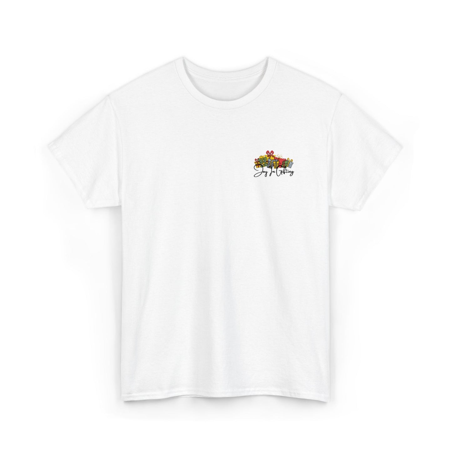 Floral Heart Chest Tee — Small Colorful Bouquet with Script
