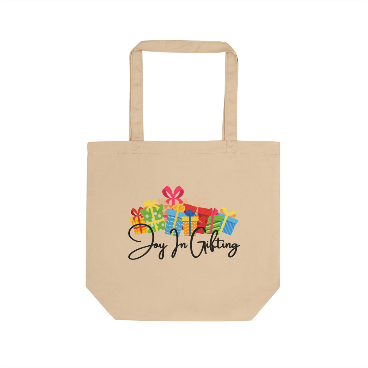 Joy in Gifting Eco Tote Bag – Reusable Gift Market Tote with Colorful Presents Design