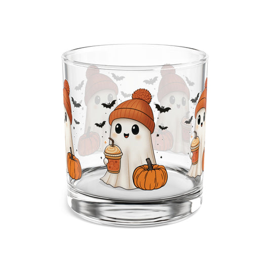 Halloween Rocks Glass – Cute Ghost, Pumpkin & Coffee Design (10oz)