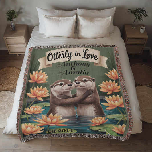 Otterly in Love Personalized Woven Blanket – Custom Couple Names, Engagement, Wedding & Anniversary Gift – Otter Lovers Throw Blanket