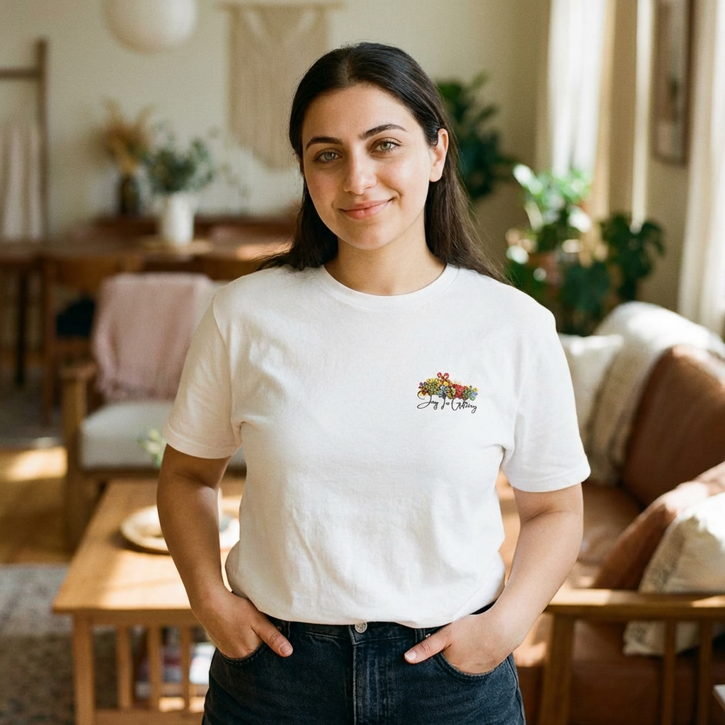 Floral Heart Chest Tee — Small Colorful Bouquet with Script