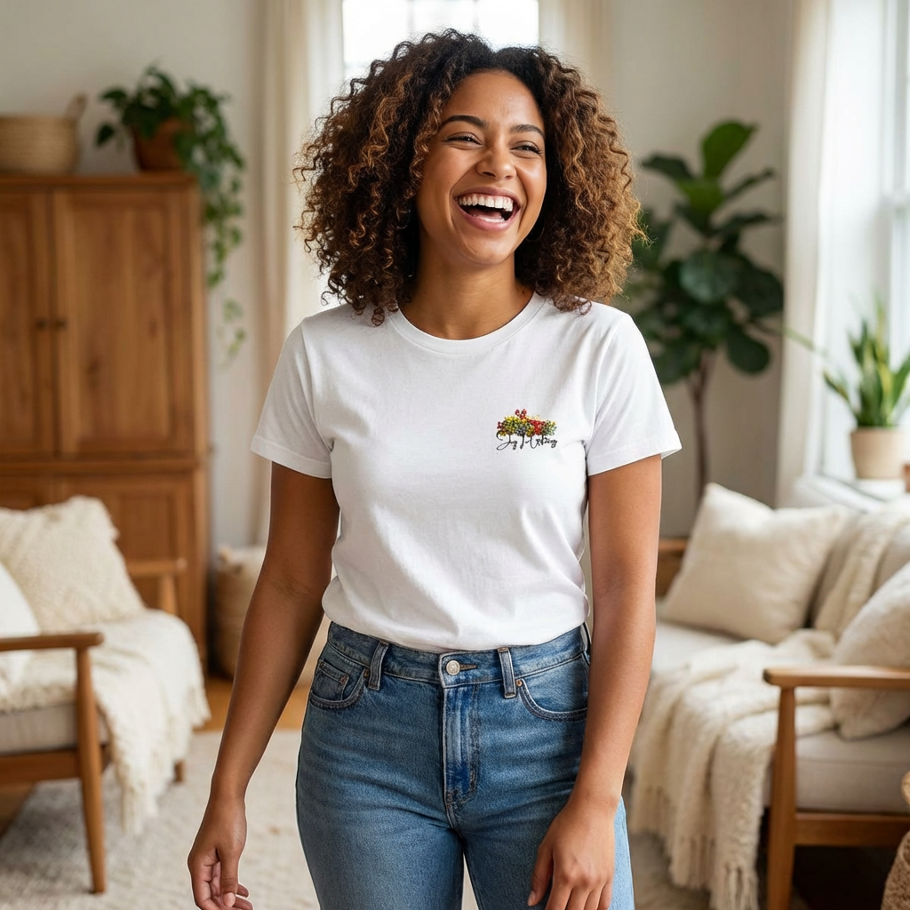 Floral Heart Chest Tee — Small Colorful Bouquet with Script