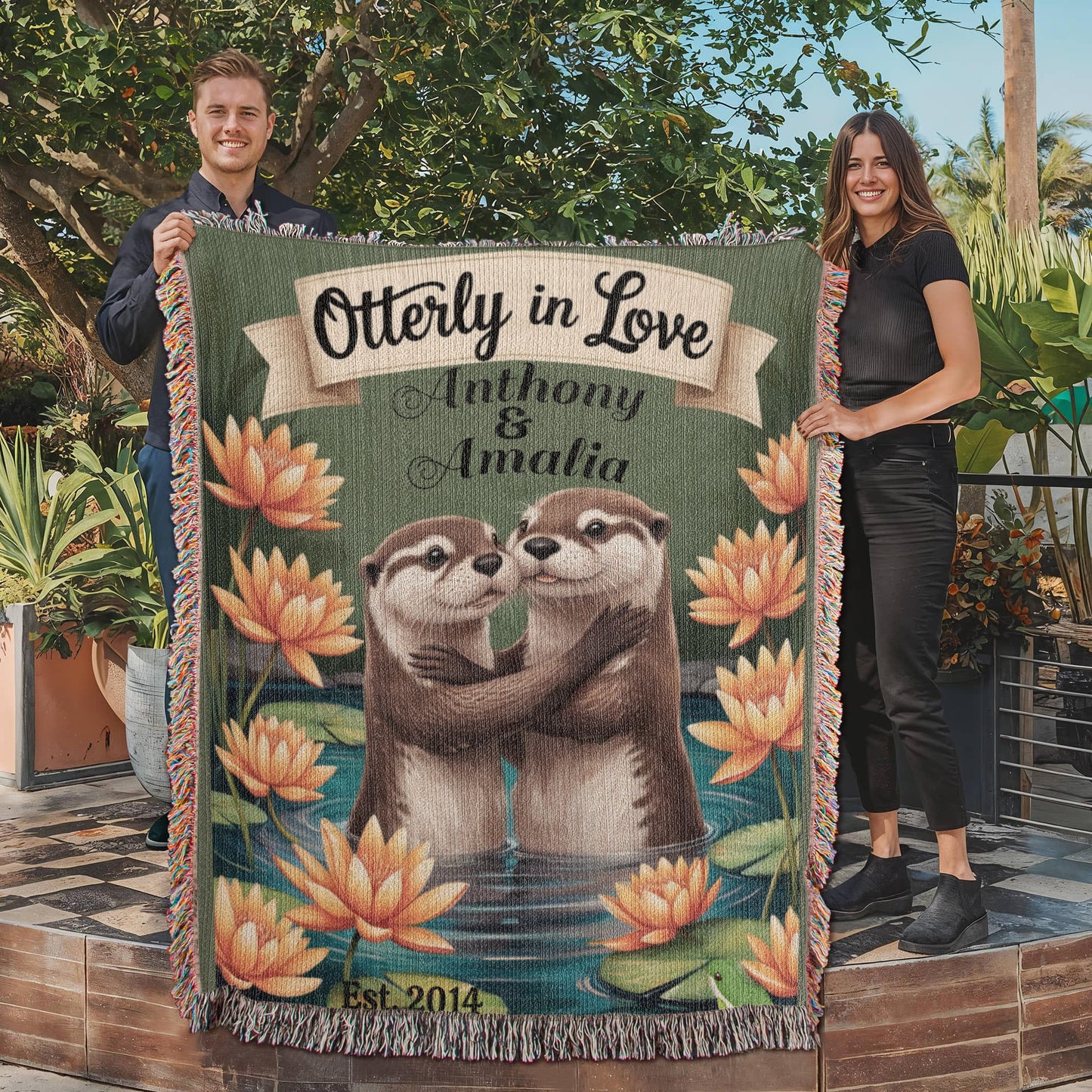 Otterly in Love Personalized Woven Blanket – Custom Couple Names, Engagement, Wedding & Anniversary Gift – Otter Lovers Throw Blanket