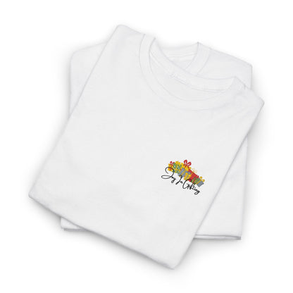 Floral Heart Chest Tee — Small Colorful Bouquet with Script