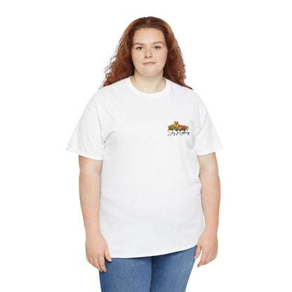 Floral Heart Chest Tee — Small Colorful Bouquet with Script
