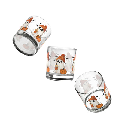 Halloween Rocks Glass – Cute Ghost, Pumpkin & Coffee Design (10oz)