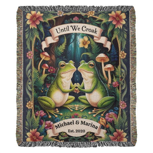 Frog Couple Tapestry/ Personalized, Custom Name Heirloom Woven Blanket, Anniversary, Valentine's, Wedding Gift