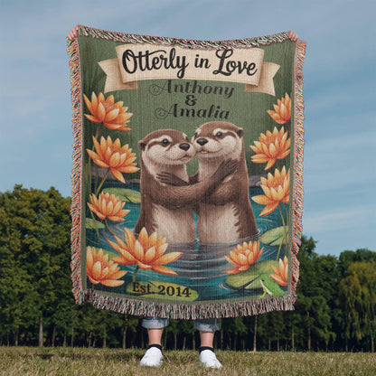 Otterly in Love Personalized Woven Blanket – Custom Couple Names, Engagement, Wedding & Anniversary Gift – Otter Lovers Throw Blanket