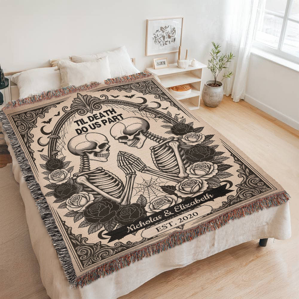 Skeleton Couple Woven Blanket – “Til Death Do Us Part” Gothic Love Gift