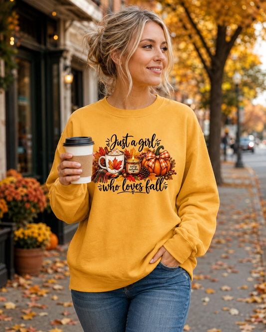 Just a Girl Who Loves Fall Sweatshirt – Cozy Autumn Coffee Pumpkin Crewneck