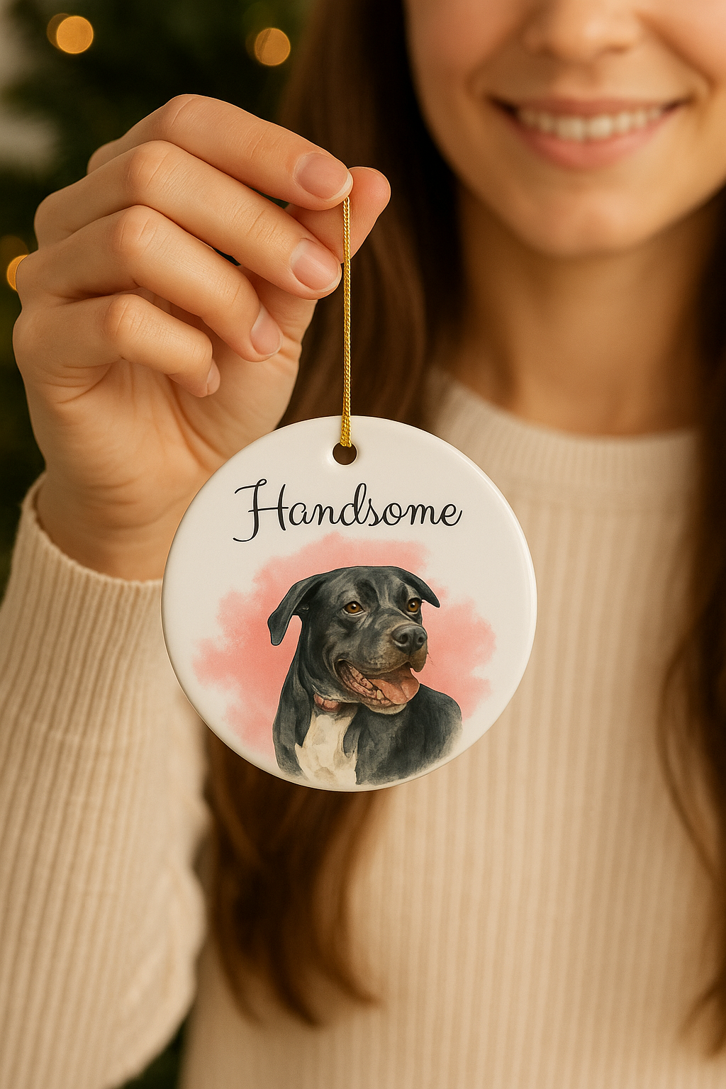 Person holding a decorative ornament with a dog's face and 'Handsome' text against a blurred background.