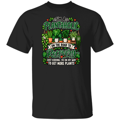 Plantaholic on the road to recovery funny plant lover unisex graphic T-shirt with colorful houseplant design