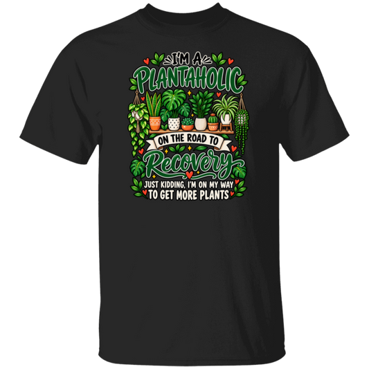 Plantaholic on the road to recovery funny plant lover unisex graphic T-shirt with colorful houseplant design