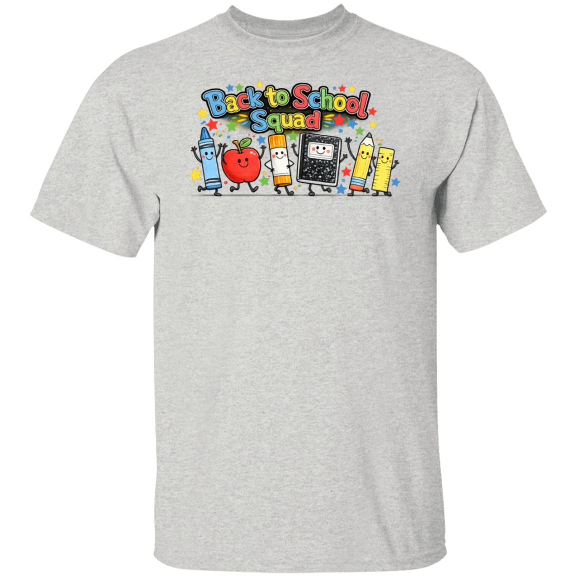 Colorful Back to School Squad teacher shirt featuring cartoon school supplies on an ash colored unisex T-shirt