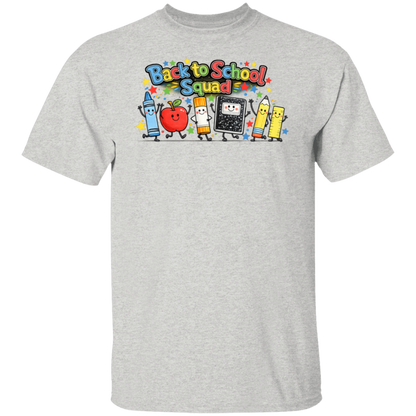 Colorful Back to School Squad teacher shirt featuring cartoon school supplies on an ash colored unisex T-shirt
