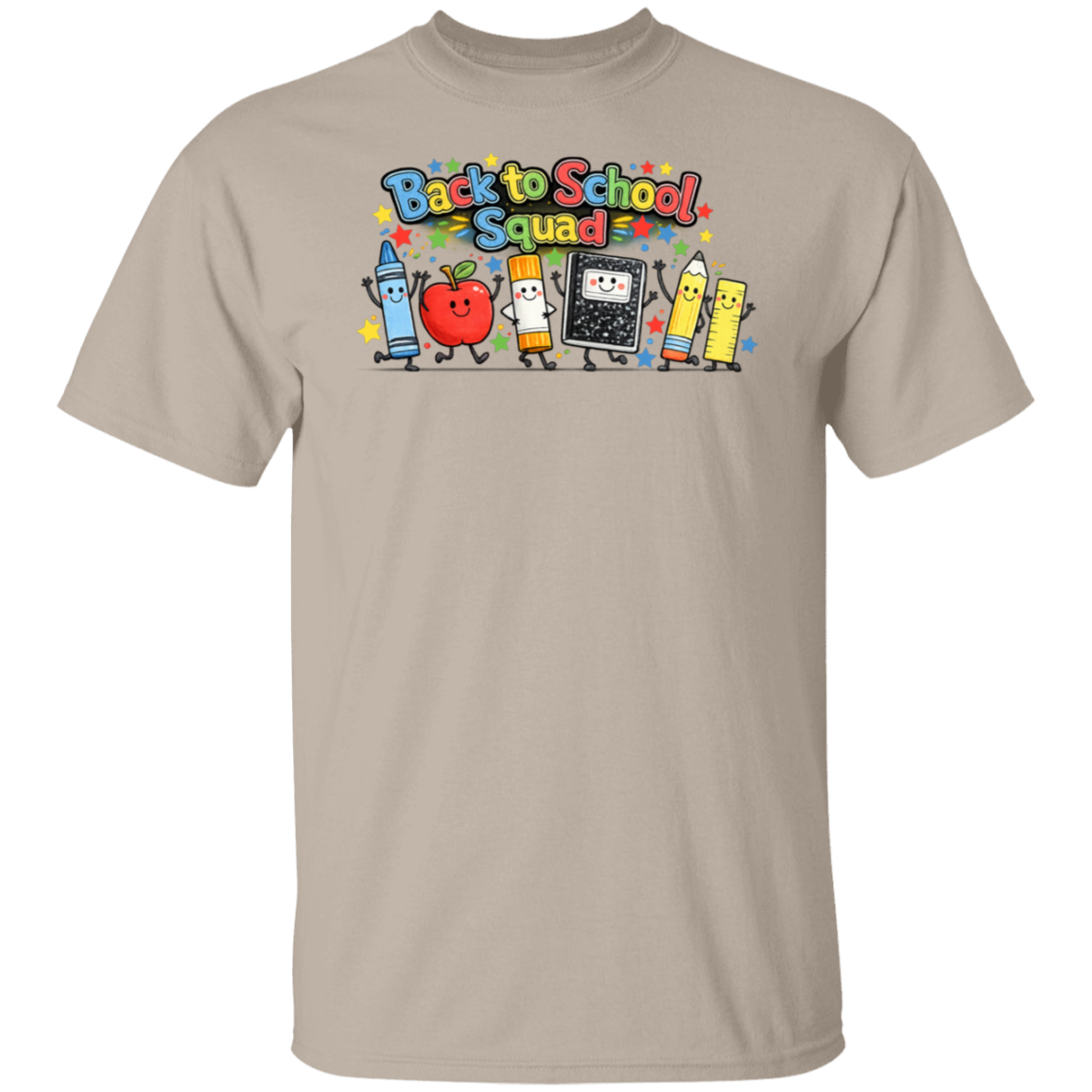 Back to School Squad teacher T-shirt with colorful smiling school supply characters on a sand-colored unisex tee