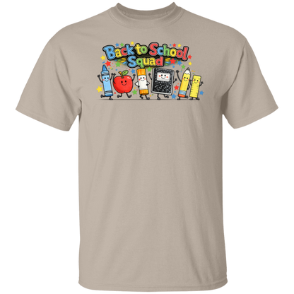 Back to School Squad teacher T-shirt with colorful smiling school supply characters on a sand-colored unisex tee