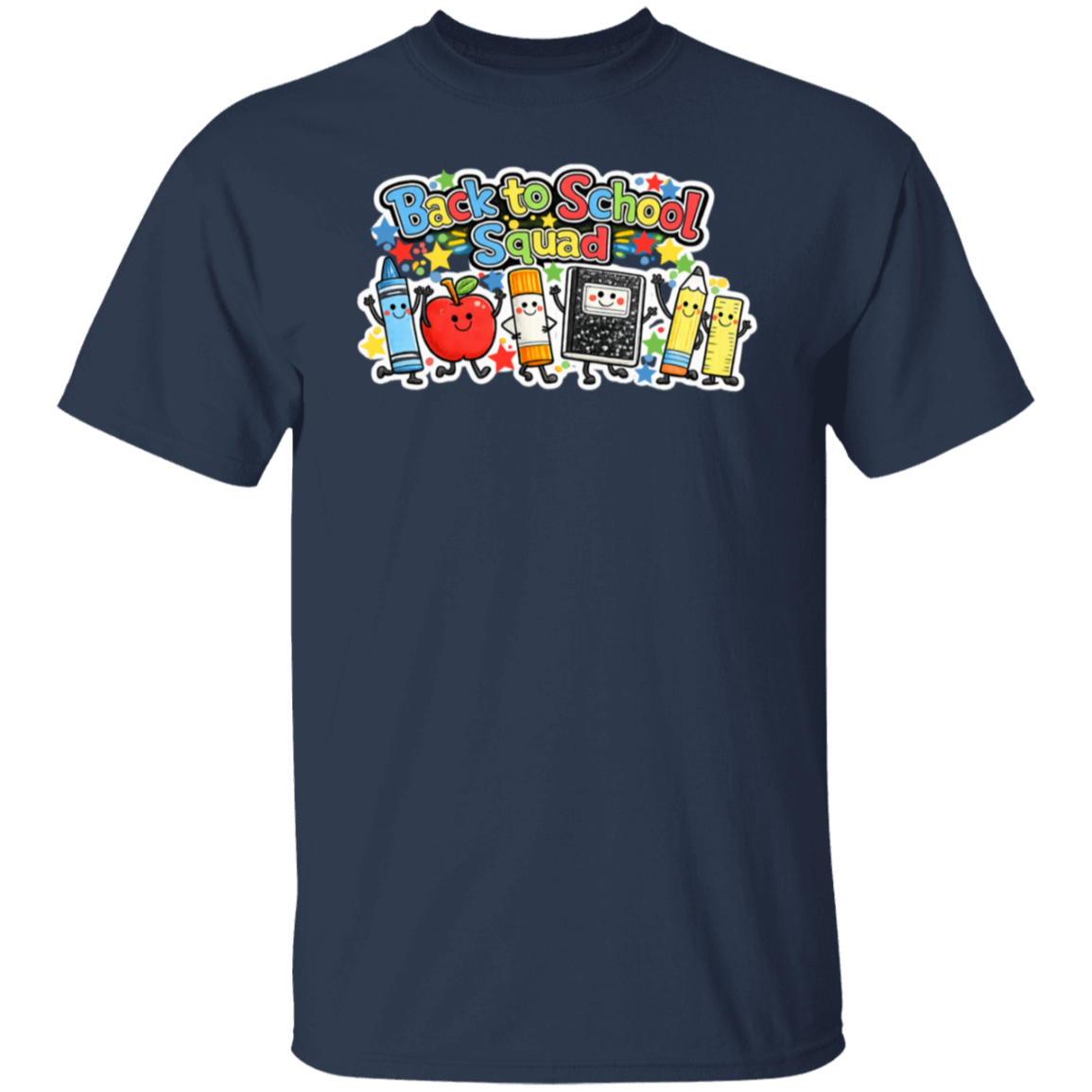 Back to School Squad school staff T-shirt with colorful classroom characters printed on a navy unisex tee