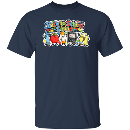 Back to School Squad school staff T-shirt with colorful classroom characters printed on a navy unisex tee