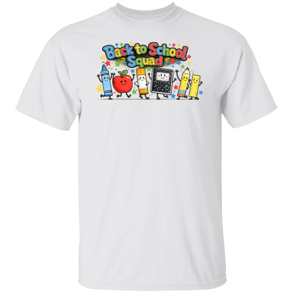 Back to School Squad teacher T-shirt with colorful smiling school supply characters on a white colored unisex tee