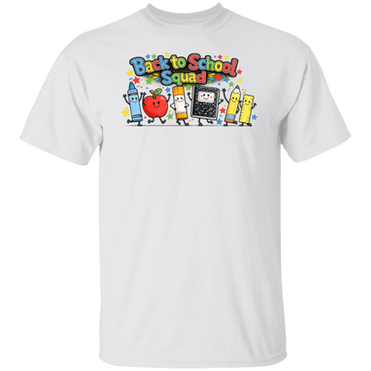 Back to School Squad teacher T-shirt with colorful smiling school supply characters on a white colored unisex tee