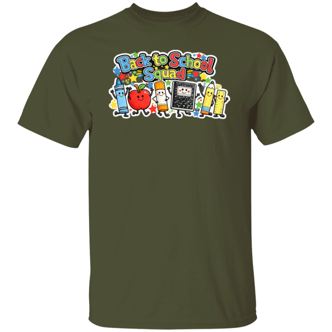 Colorful Back to School Squad teacher shirt featuring cartoon school supplies on a military green unisex T-shirt
