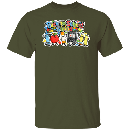 Colorful Back to School Squad teacher shirt featuring cartoon school supplies on a military green unisex T-shirt