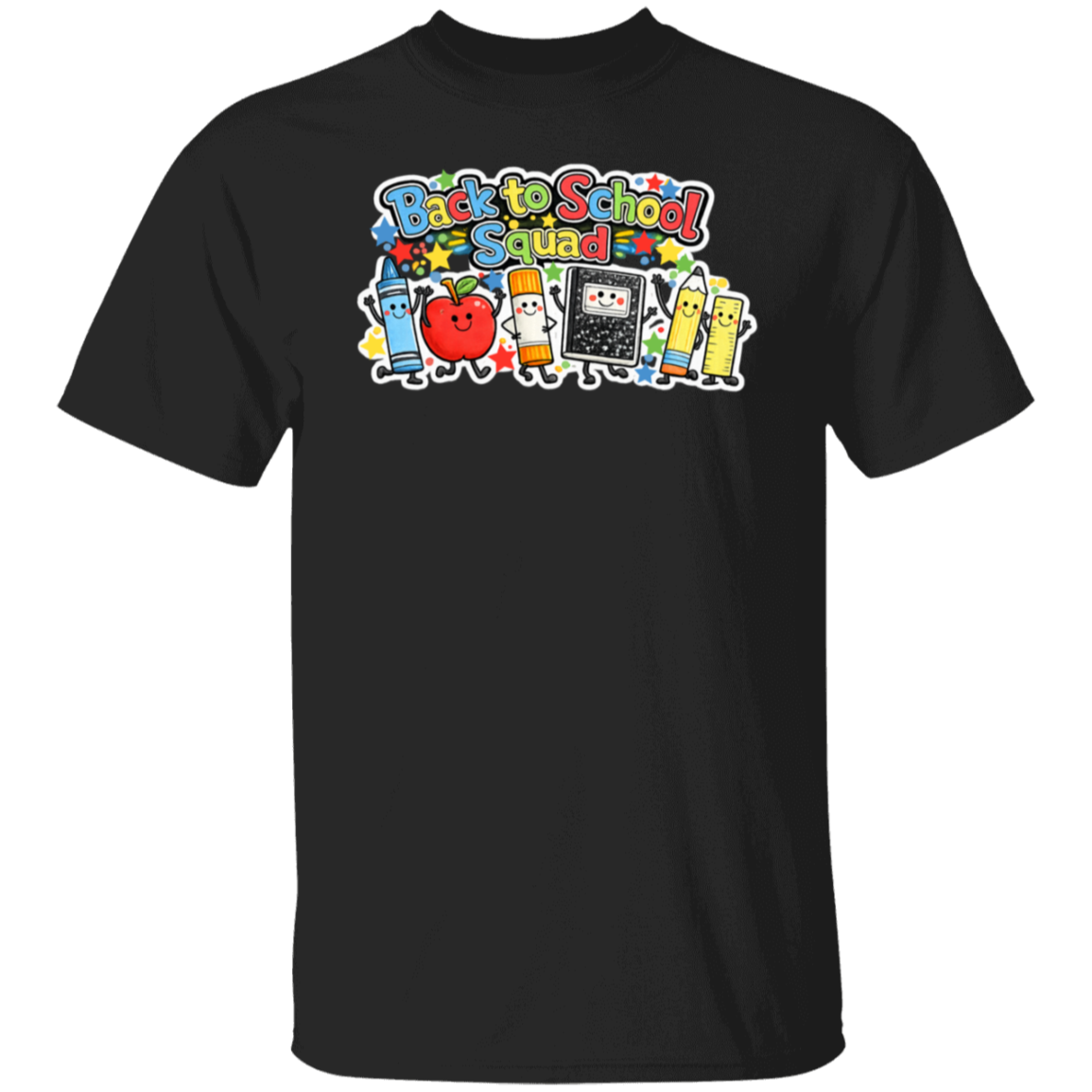 Back to School Squad school staff T-shirt with colorful classroom characters printed on a black unisex tee