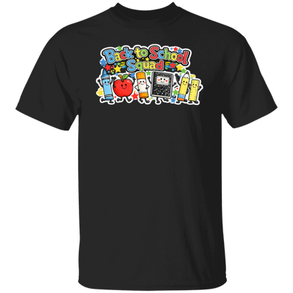 Back to School Squad school staff T-shirt with colorful classroom characters printed on a black unisex tee