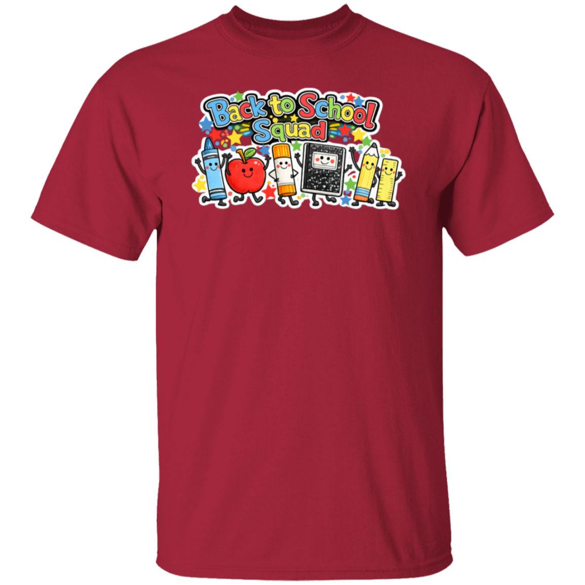 Back to School Squad school staff T-shirt with colorful classroom characters printed on a cardinal unisex tee
