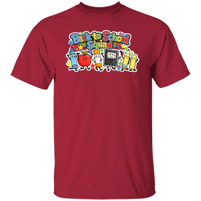 Back to School Squad school staff T-shirt with colorful classroom characters printed on a cardinal unisex tee