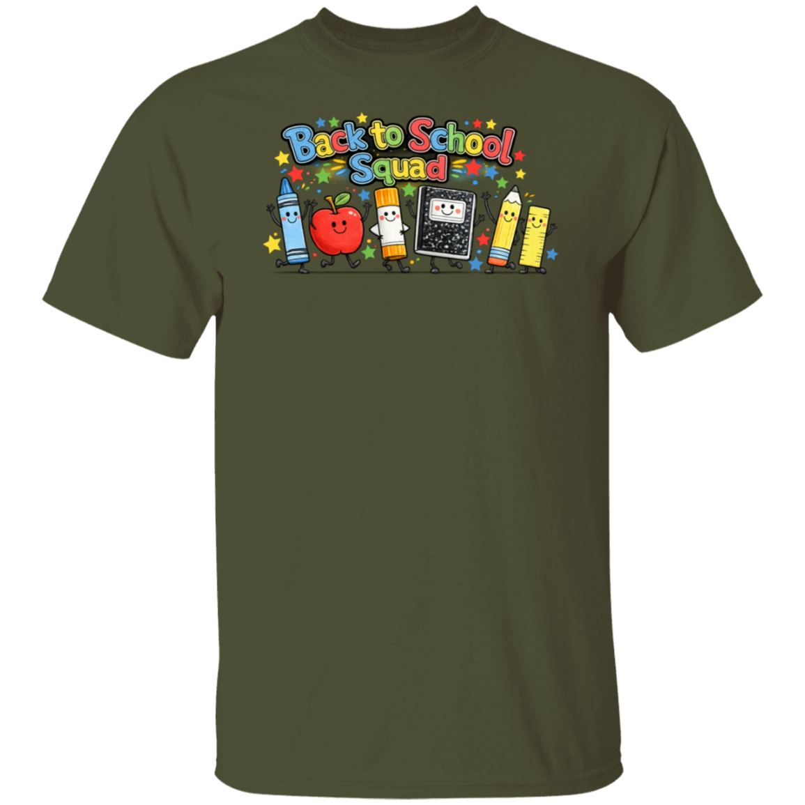 Colorful Back to School Squad teacher shirt featuring cartoon school supplies on a military green unisex T-shirt