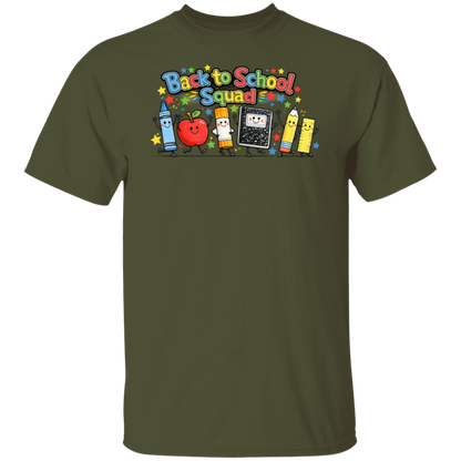 Colorful Back to School Squad teacher shirt featuring cartoon school supplies on a military green unisex T-shirt