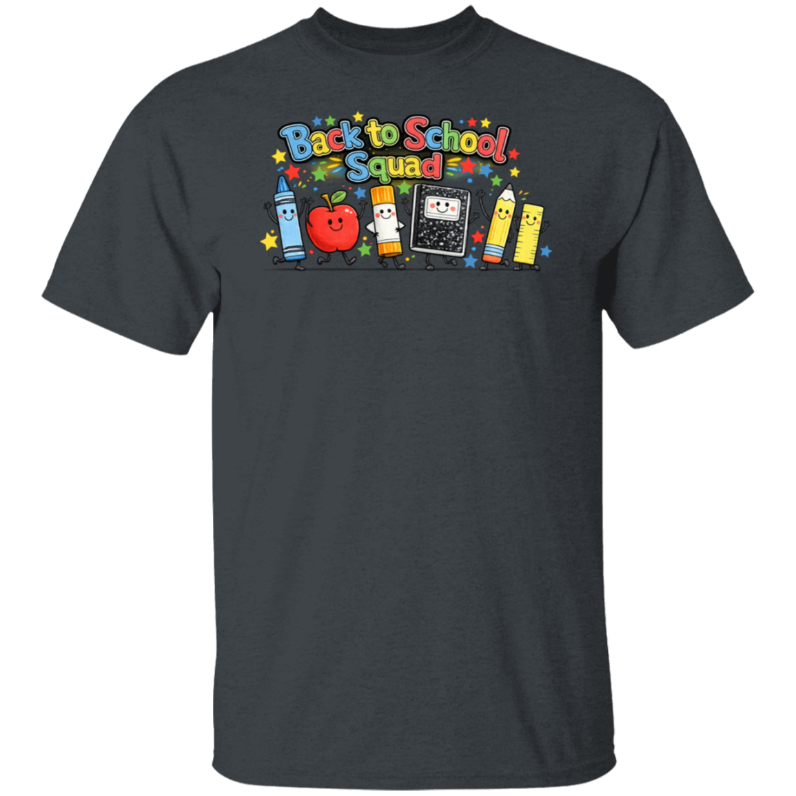 Back to School Squad teacher T-shirt with colorful smiling school supply characters on a heather colored unisex tee