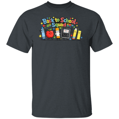 Back to School Squad teacher T-shirt with colorful smiling school supply characters on a heather colored unisex tee