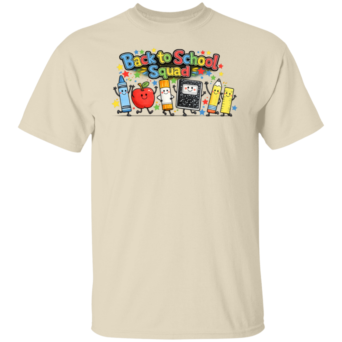 Back to School Squad teacher T-shirt with colorful smiling school supply characters on a natural colored unisex tee
