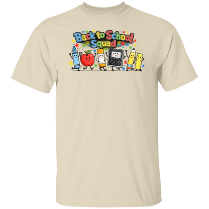 Back to School Squad teacher T-shirt with colorful smiling school supply characters on a natural colored unisex tee