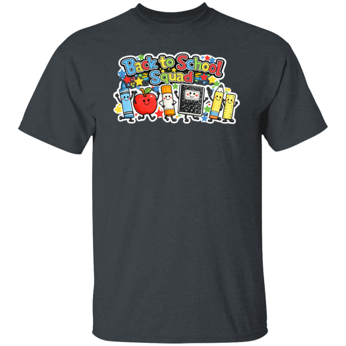 Back to School Squad school staff T-shirt with colorful classroom characters printed on a dark heather unisex tee
